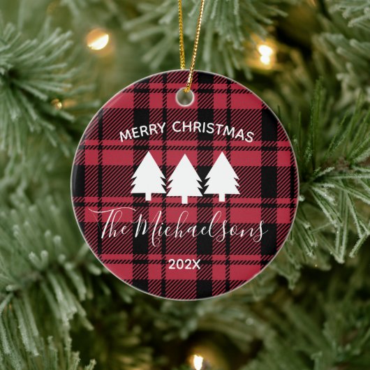Zwart en Rood Plaid met Monogram Naam Foto Keramisch Ornament (Boom)