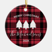 Zwart en Rood Plaid met Monogram Naam Foto Keramisch Ornament (Voorkant)