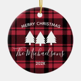 Zwart en Rood Plaid met Monogram Naam Foto Keramisch Ornament