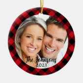 Zwart en Rood Plaid Ronde Foto Kerstmis Ornament (Voorkant)