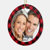 Zwart en Rood Plaid Ronde Foto Kerstmis Ornament (Links)