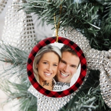 Zwart en Rood Plaid Ronde Foto Kerstmis Ornament