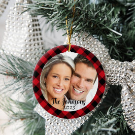 Zwart en Rood Plaid Ronde Foto Kerstmis Ornament