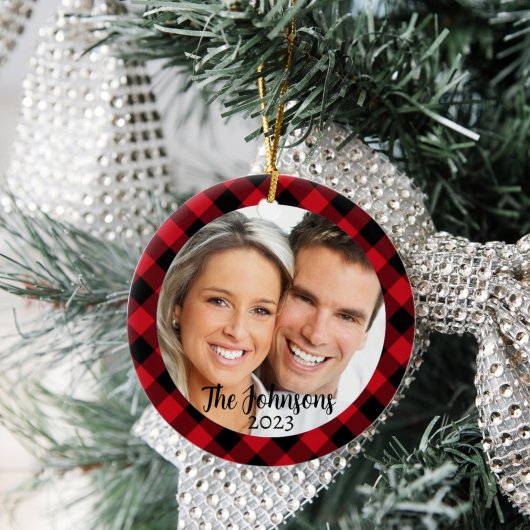 Zwart en Rood Plaid Ronde Foto Kerstmis Ornament