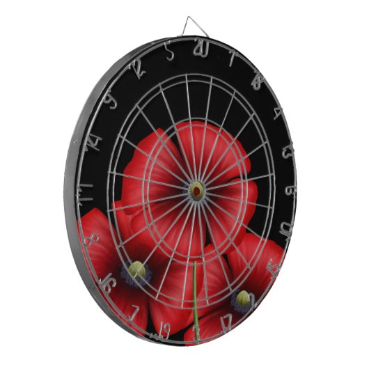Zwart en Rood Poppy Bloemen Dartboard met Darts Dartbord (Voorkant Links)