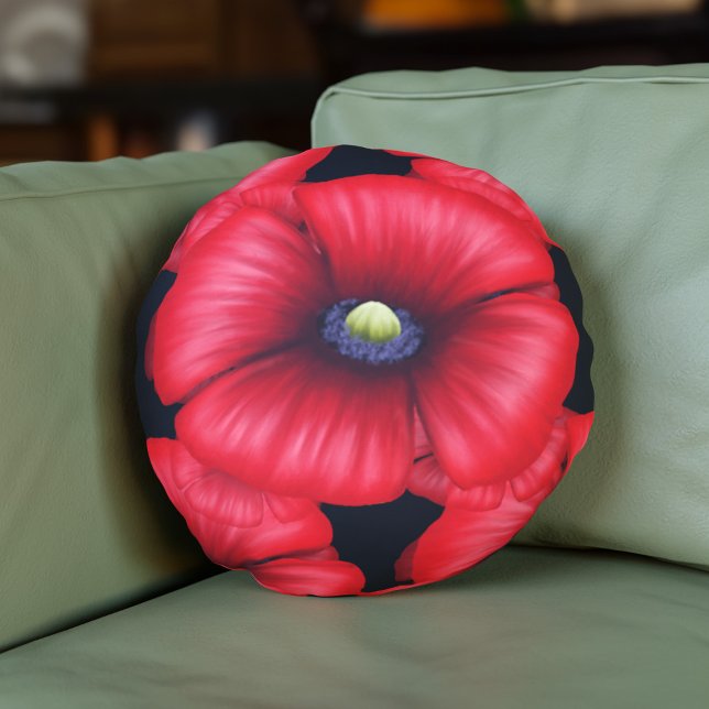 Zwart en Rood Poppy Patroon Rond Kussen (Pop a pretty poppy pillow on your sofa today!)