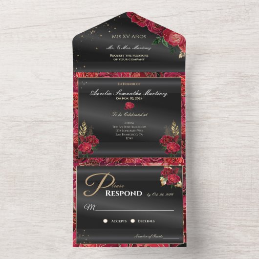 Zwart en Rood Quinceañera Betaalbare Uitnodigingen (Binnen)