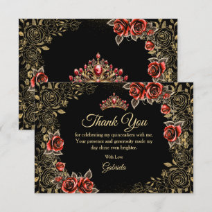 Zwart en rood Quinceañera Gouden Tiara Rozen Bedankkaart