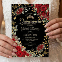 Zwart en rood Quinceañera gouden vlinders rozen