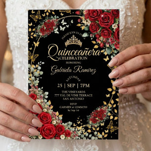 Zwart en rood Quinceañera gouden vlinders rozen Kaart