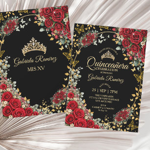 Zwart en rood Quinceañera gouden vlinders rozen Kaart