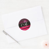 ZWART EN ROOD ROZE FUCHSIA RUBY DAMASK MONOGRAM, RONDE STICKER (Envelop)
