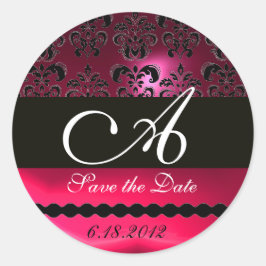 ZWART EN ROOD ROZE FUCHSIA RUBY DAMASK MONOGRAM, RONDE STICKER