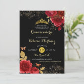 Zwart en Rood Rozen Bloemen Meisje Mis XV Años Kaart (Staand voorkant)