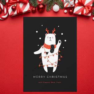 Zwart en rood Schattige Beer Kerst Briefkaart