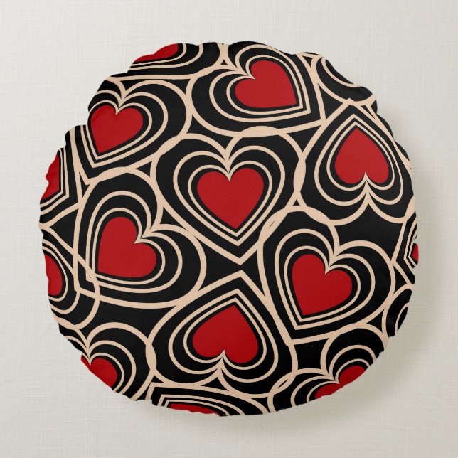 Zwart en Rood Schattige Eenvoudig Hartpatroon Rond Kussen (Voorkant)