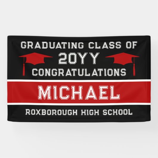 Zwart en rood School Kleuren Afstuderen Spandoek (Horizontaal)