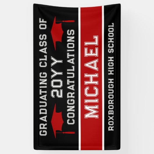 Zwart en rood School Kleuren Afstuderen Spandoek (Verticaal)