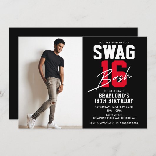 Zwart en Rood Swag 16 Verjaardag Kaart (Voorkant / Achterkant)