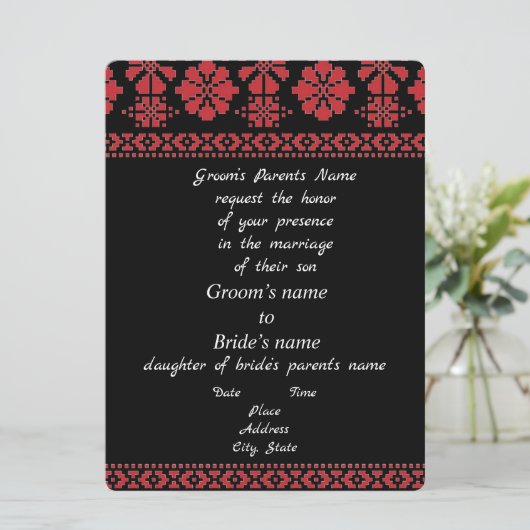 Zwart en rood Tatreez-huwelijksuitnodiging Kaart (Staand voorkant)