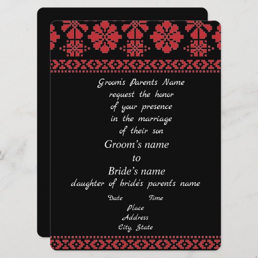 Zwart en rood Tatreez-huwelijksuitnodiging Kaart (Voorkant / Achterkant)