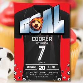 Zwart en rood voetbalshirt verjaardagsfeestje  kaart