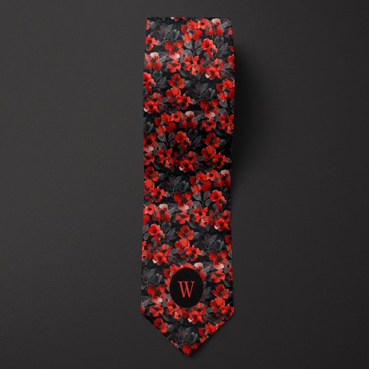 Zwart en Rood Waterverf Floral Monogram Stropdas