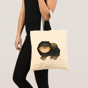Zwart en roodbruine cartoon Pomeranian hond tekeni Tote Bag