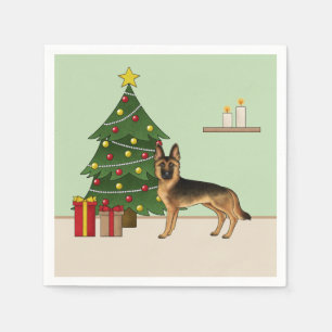 Zwart en roodbruine Duitse herder en een kerstboom Servet