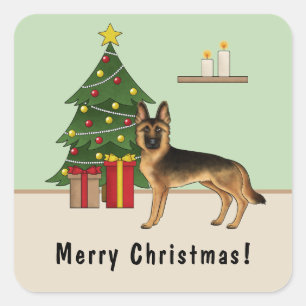 Zwart en roodbruine Duitse herder en een kerstboom Vierkante Sticker