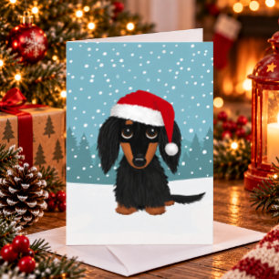Zwart en roodbruine langharige Dachshund Kerst Feestdagen Kaart