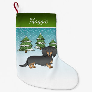 Zwart en roodbruine langharige Dachshund - Winterb Kleine Kerstsok