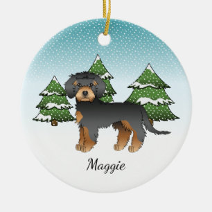 Zwart en roodbruine Mini Goldendoodle - Winterbos Keramisch Ornament