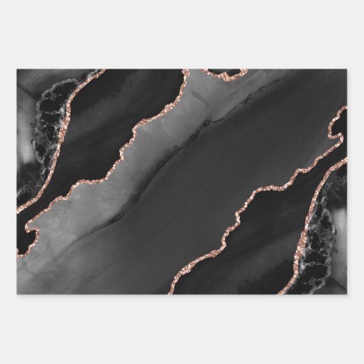Zwart en Roos Gold Faux Glitter Agate-ontwerp Inpakpapier Vel (Voorkant 2)