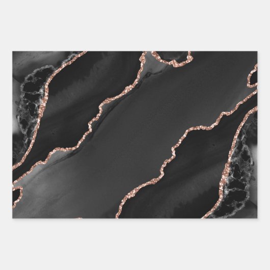 Zwart en Roos Gold Faux Glitter Agate-ontwerp Inpakpapier Vel (Voorkant)