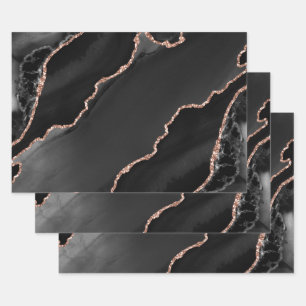 Zwart en Roos Gold Faux Glitter Agate-ontwerp Inpakpapier Vel