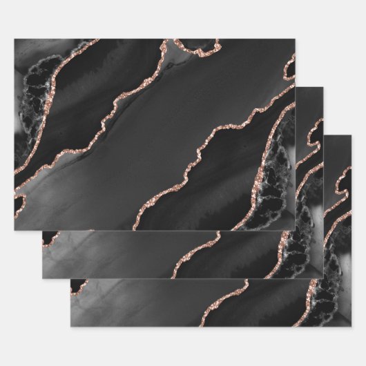 Zwart en Roos Gold Faux Glitter Agate-ontwerp Inpakpapier Vel (Set)