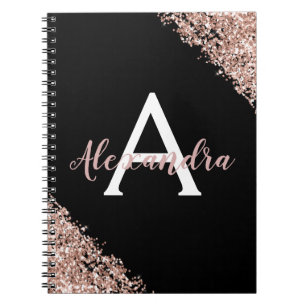 Zwart en Roos Gold Foil Glitter Monogram Journal Notitieboek