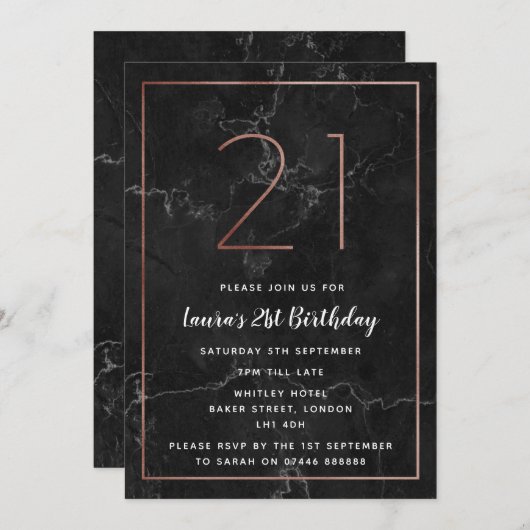Zwart en Roos Gold-gemarmerd 21ste verjaardag Kaart (Voorkant / Achterkant)