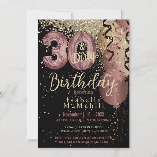 Zwart en Roos Gold Glitter 30th & Dirty Birthday Kaart (Voorkant)