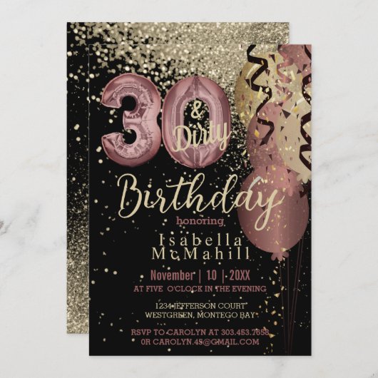 Zwart en Roos Gold Glitter 30th & Dirty Birthday Kaart (Voorkant / Achterkant)
