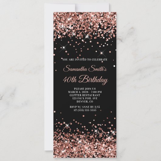 Zwart en Roos Gold Glitter 40ste verjaardag Kaart (Voorkant)