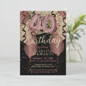 Zwart en Roos Gold Glitter 40ste verjaardag Kaart (Staand voorkant)