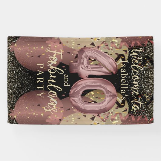 Zwart en Roos Gold Glitter 40ste verjaardag Spandoek (Horizontaal)