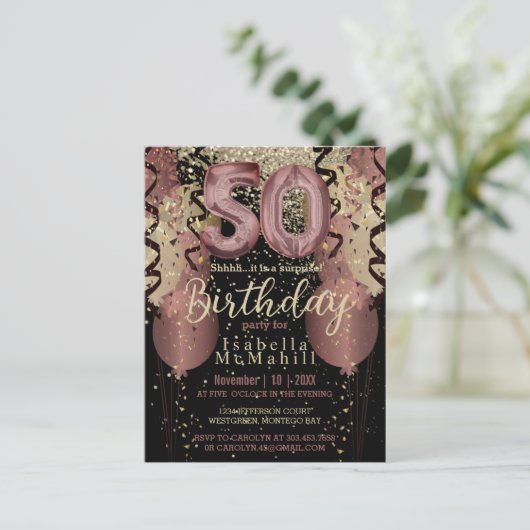 Zwart en Roos Gold Glitter 50ste verjaardag Briefkaart (Staand voorkant)