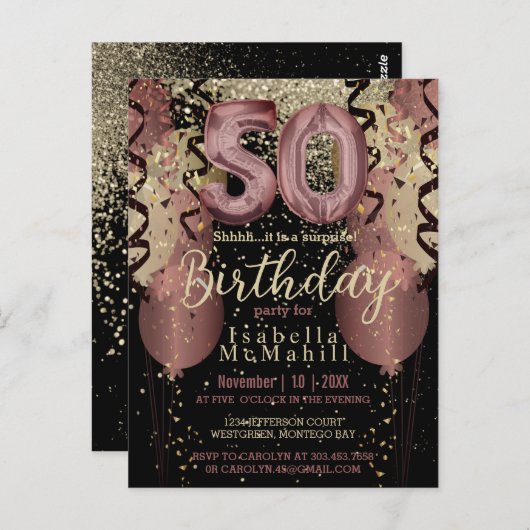 Zwart en Roos Gold Glitter 50ste verjaardag Briefkaart (Voorkant / Achterkant)