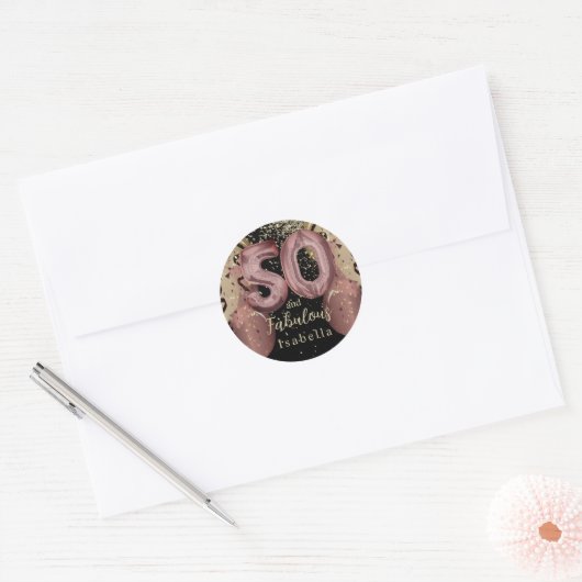 Zwart en Roos Gold Glitter 50ste verjaardag Ronde Sticker (Envelop)