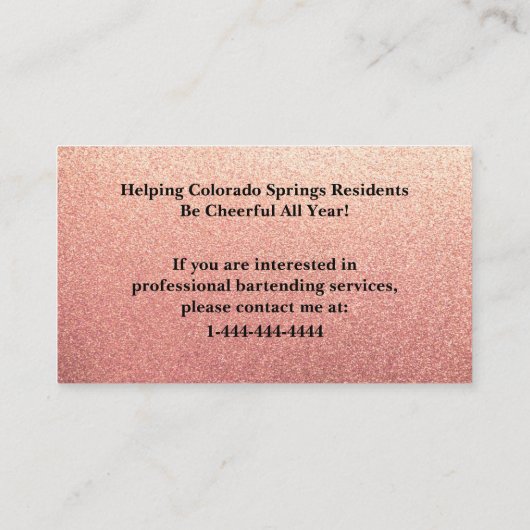 Zwart en Roos Gold Glitter Bartender Visitekaartje (Achterkant)