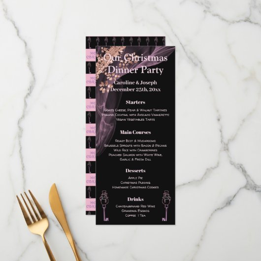 Zwart en Roos Gold Kerstmenu met Snowman Menu (Voorkant / Achterkant in situ)