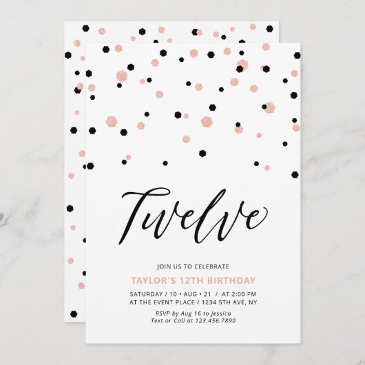 Zwart en Roos Gold-meisje 12e tiende verjaardag Kaart (Voorkant / Achterkant)